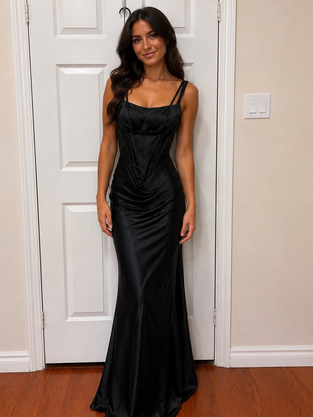 Black Satin Corset-Style Evening Gown - Women Dresses